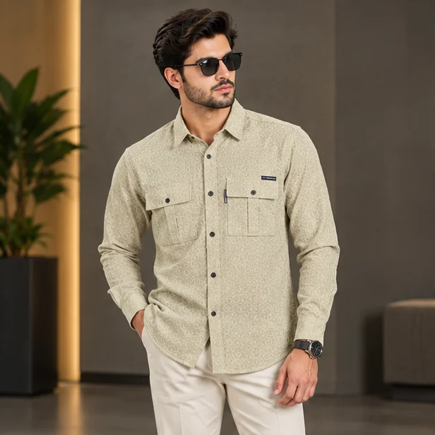 Premium Beige Textured Dobby Cotton Casual Shirt — alternate view