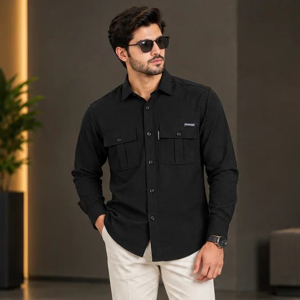 Premium Black Textured Dobby Cotton Casual Shirt view 4