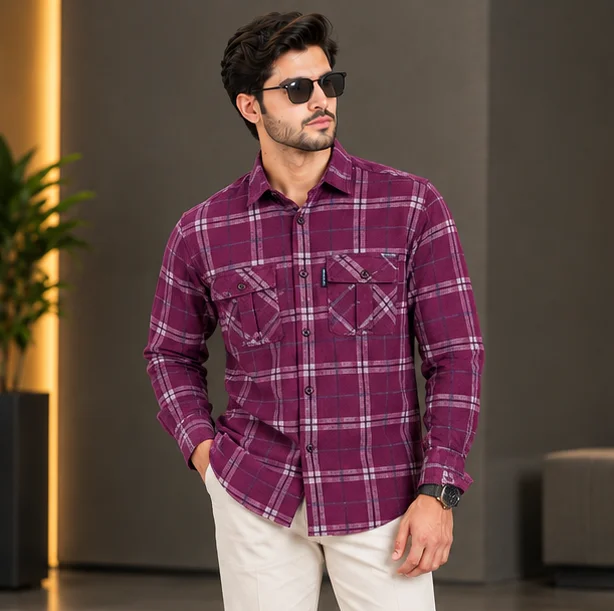 Premium Plum Checkered Katrai Casual Shirt — alternate view