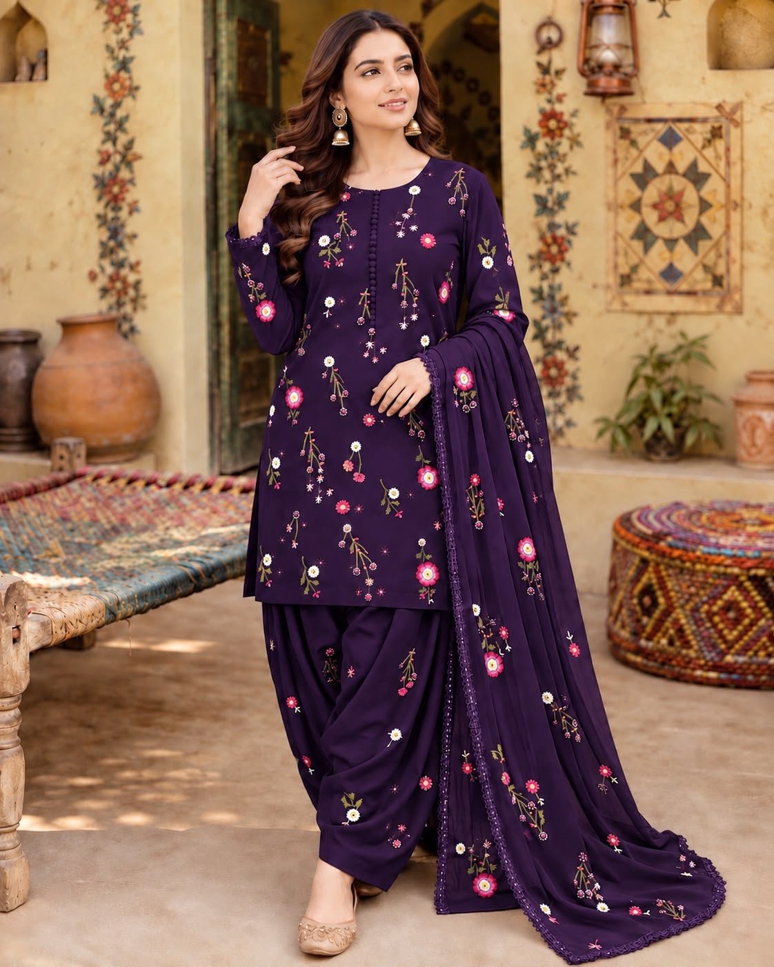 Elegant Dark Plum Embroidered Dhanak Unstitched 3-Piece Suit