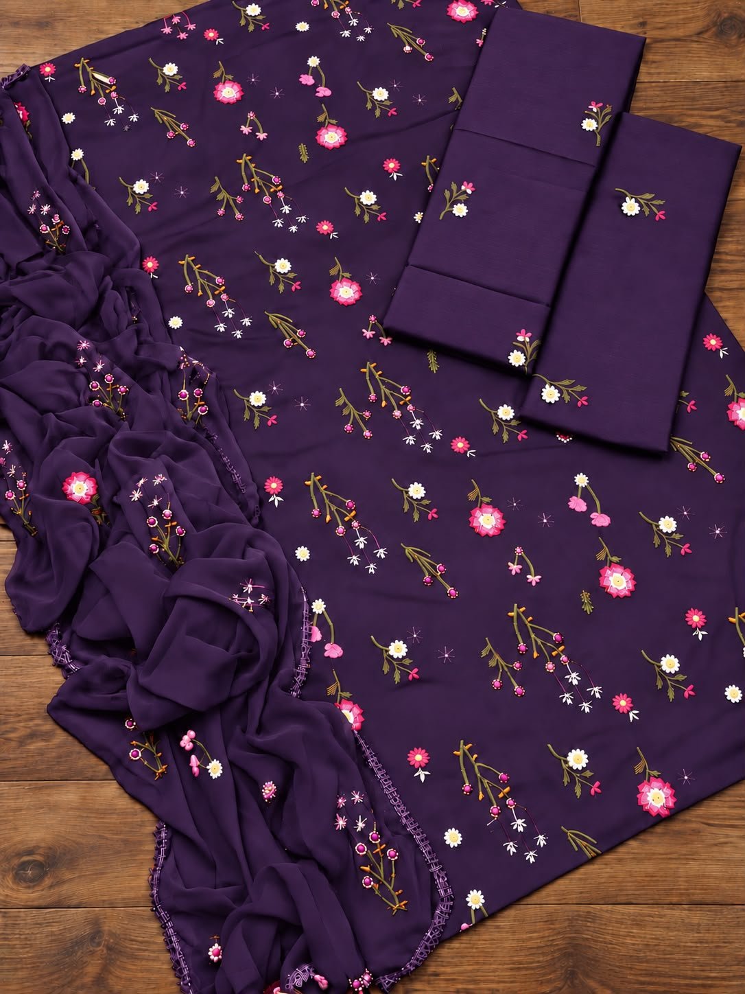 Elegant Dark Plum Embroidered Dhanak Unstitched 3-Piece Suit view 2