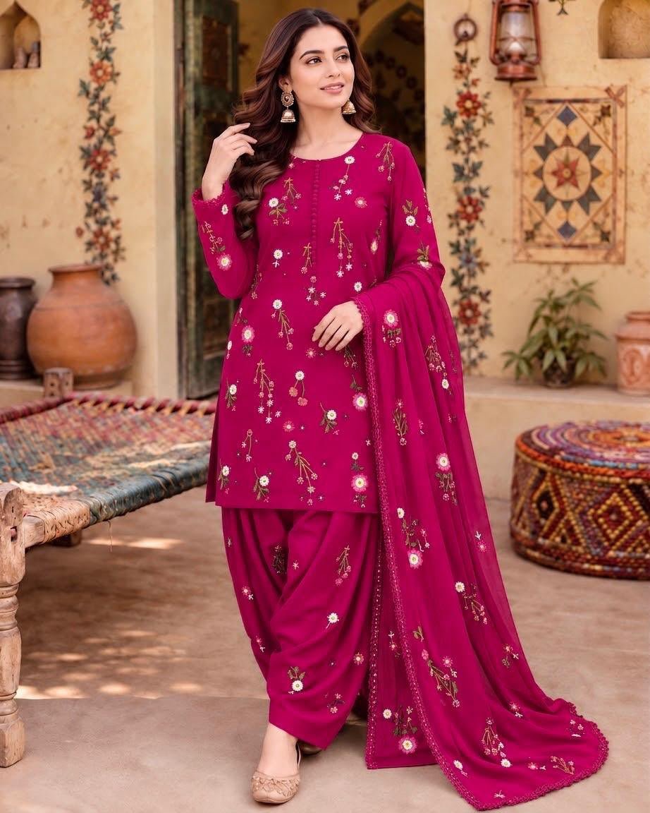 Elegant Magenta Embroidered Dhanak Unstitched 3-Piece Suit