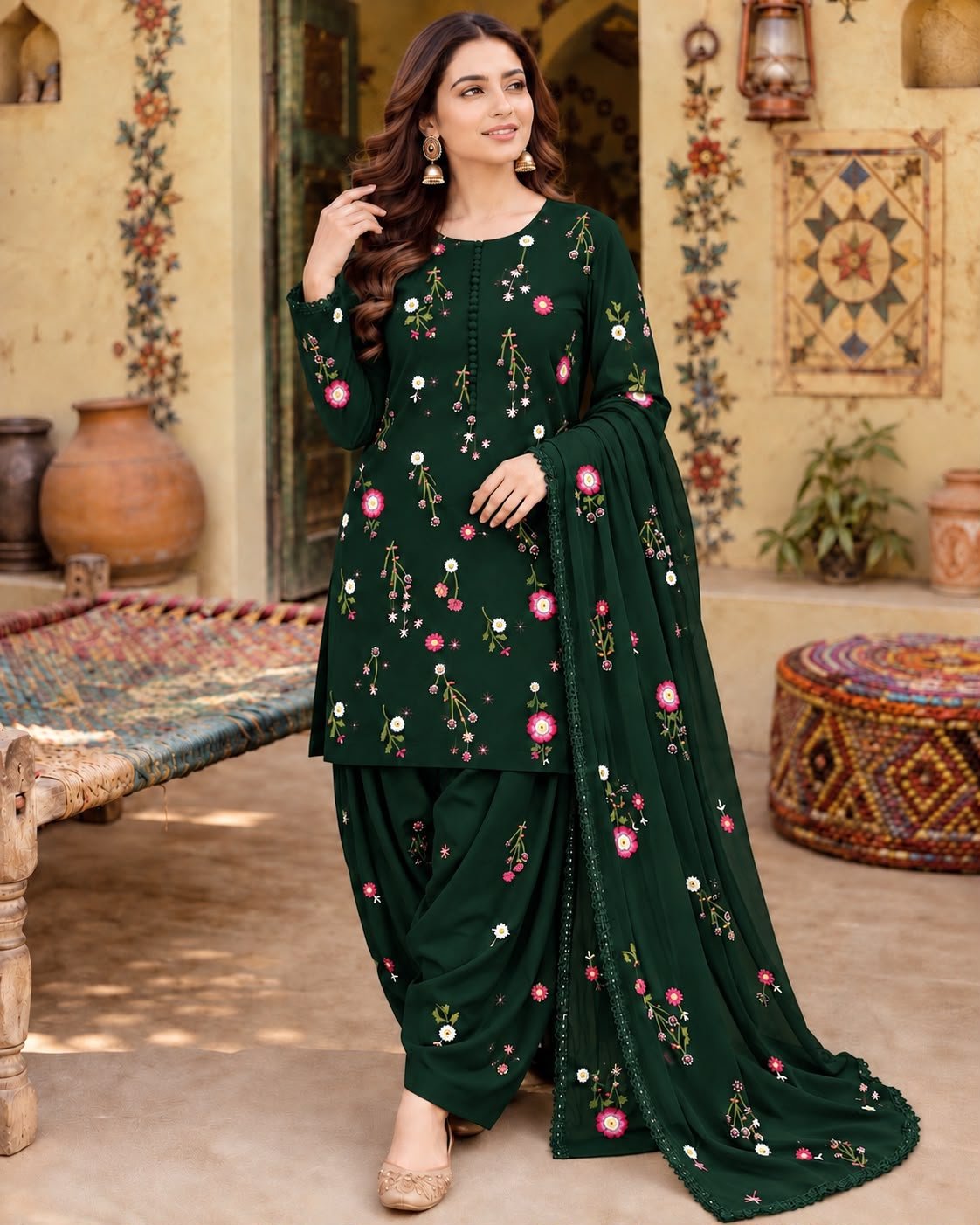 Elegant Dark Green Embroidered Dhanak Unstitched 3-Piece Suit