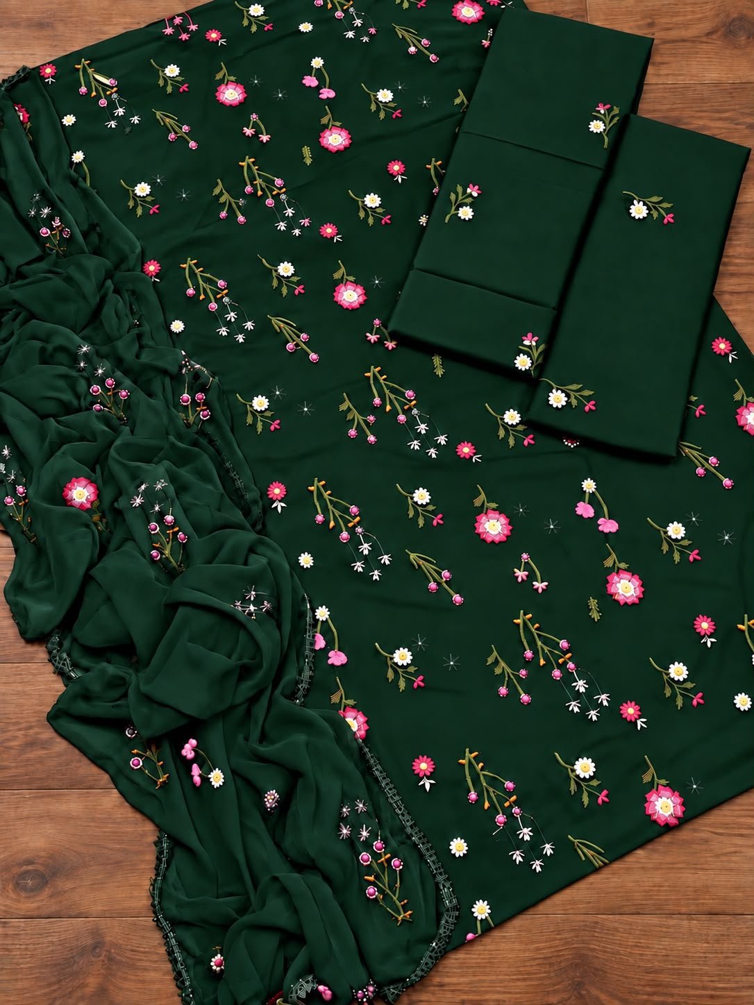 Elegant Dark Green Embroidered Dhanak Unstitched 3-Piece Suit view 2