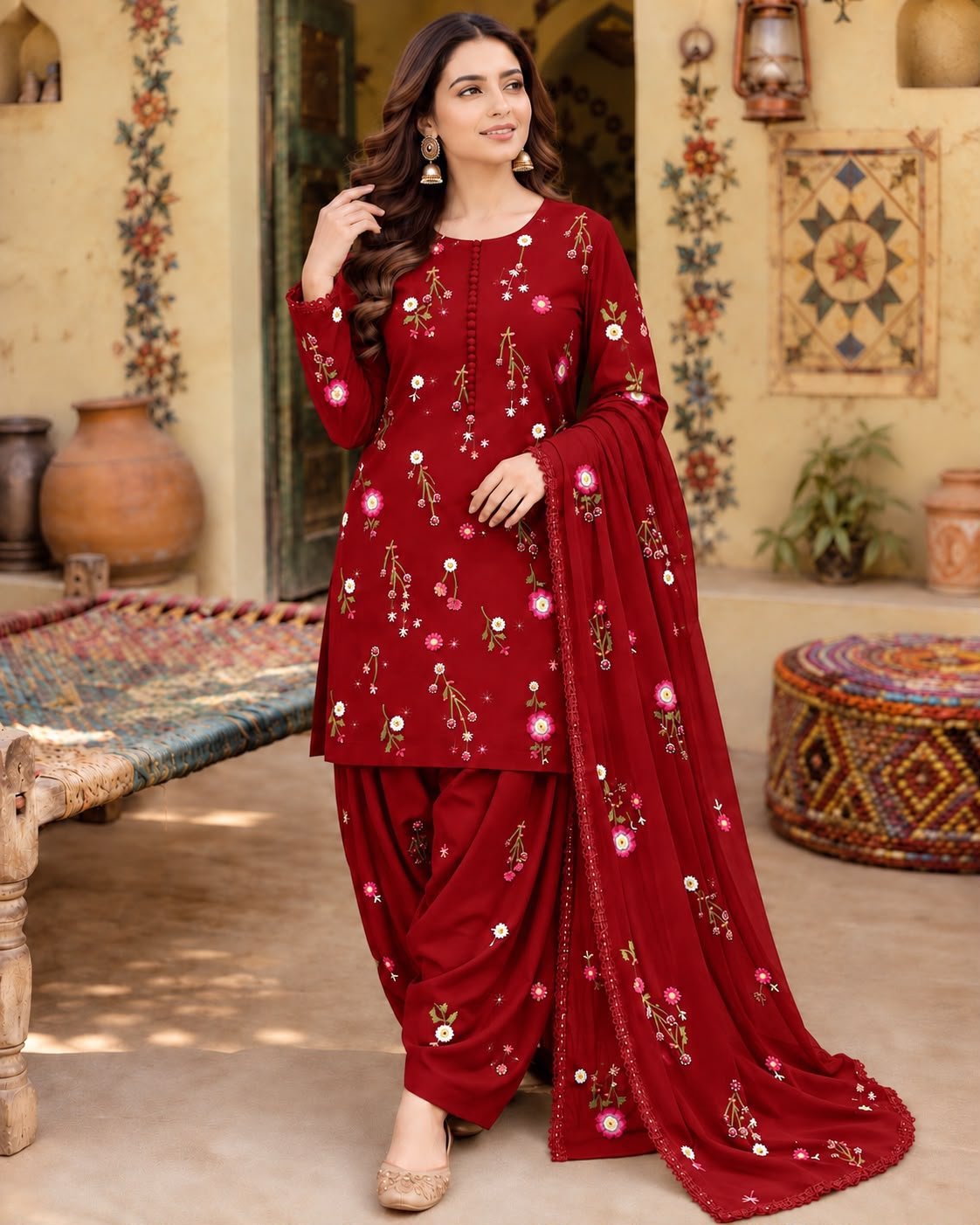 Elegant Maroon Embroidered Dhanak Unstitched 3-Piece Suit