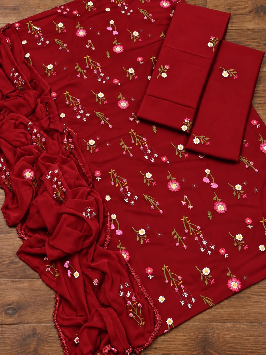 Elegant Maroon Embroidered Dhanak Unstitched 3-Piece Suit view 2