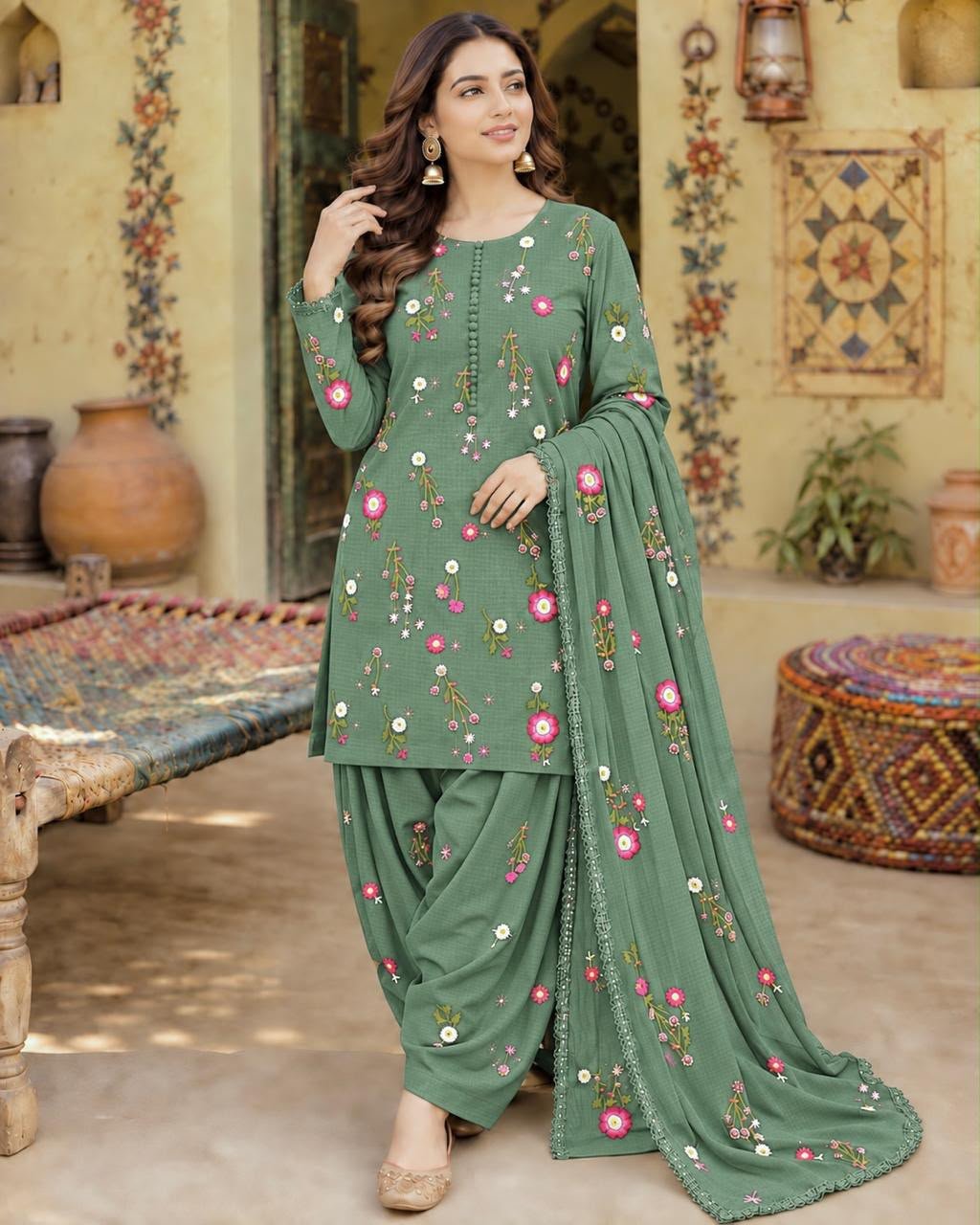 Elegant Dusty Sage Green Floral Embroidered Dhanak Unstitched 3-Piece Suit