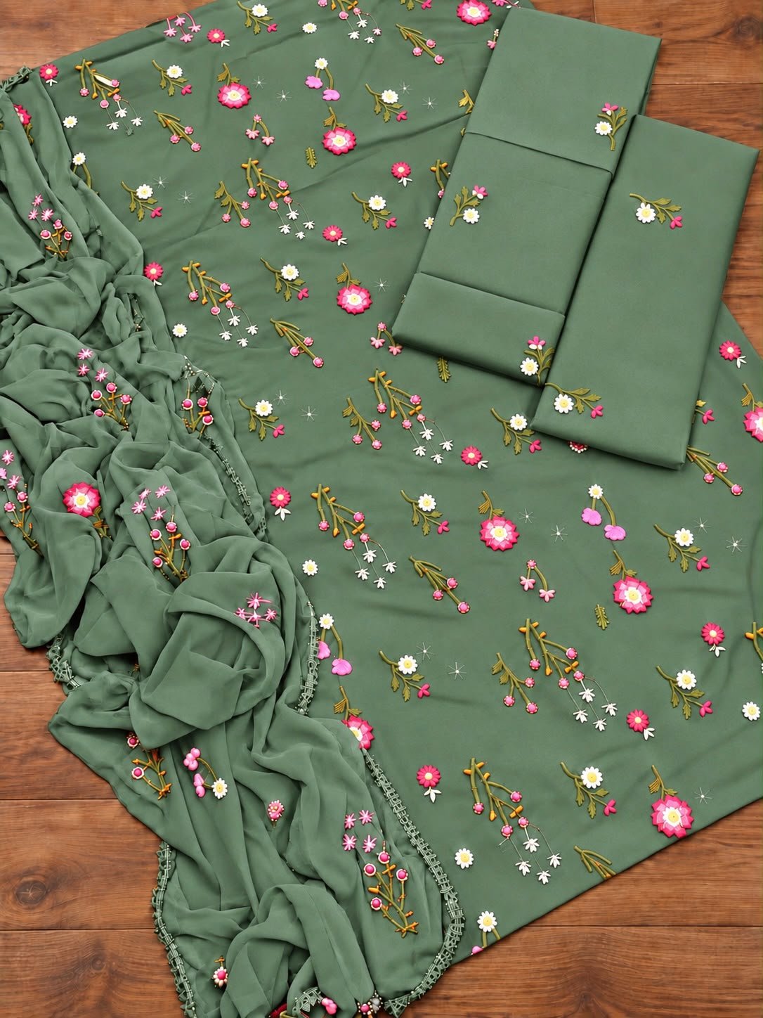 Elegant Dusty Sage Green Floral Embroidered Dhanak Unstitched 3-Piece Suit — alternate view