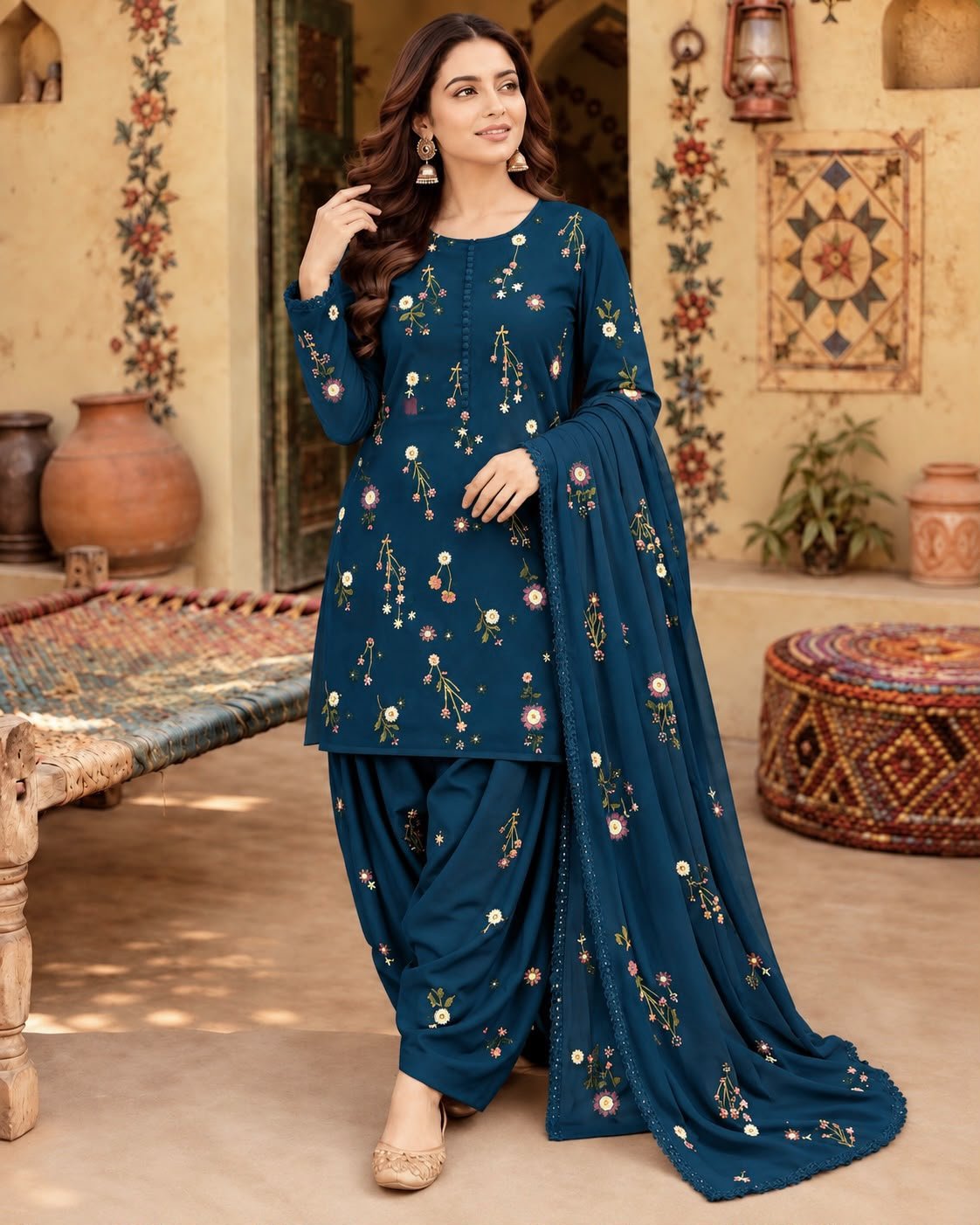 Elegant Deep Teal Blue Floral Embroidered Dhanak Unstitched 3-Piece Suit