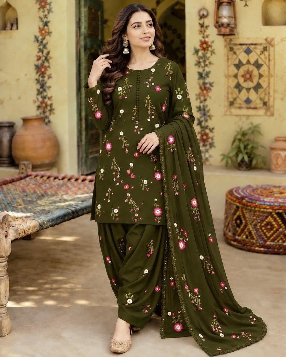 Elegant Dark Olive Green Floral Embroidered Dhanak Unstitched 3-Piece Suit