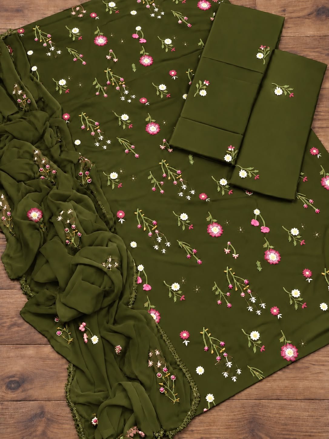 Elegant Dark Olive Green Floral Embroidered Dhanak Unstitched 3-Piece Suit — alternate view
