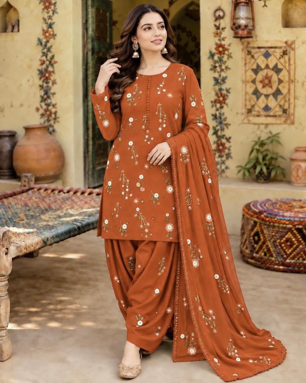 Elegant Rust Floral Embroidered Dhanak Unstitched 3-Piece Suit