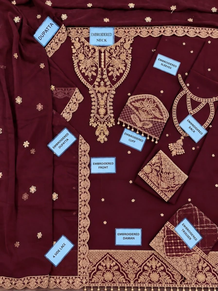 Alizeh Luxury Maroon Chiffon Embroidered 3-Piece Suit view 2