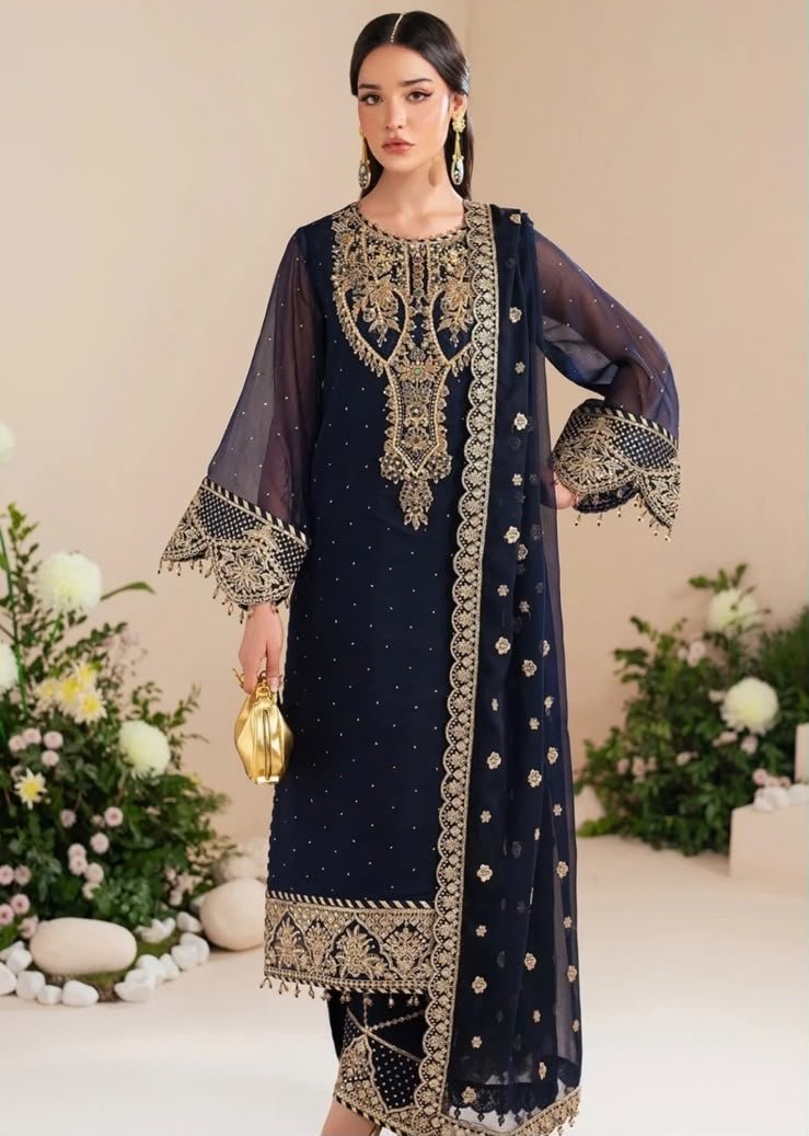 Alizeh Luxury Navy Blue Chiffon Embroidered 3-Piece Suit