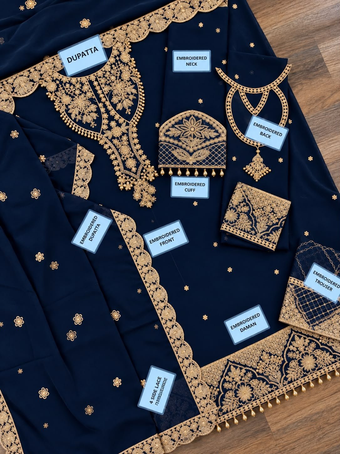 Alizeh Luxury Navy Blue Chiffon Embroidered 3-Piece Suit view 2