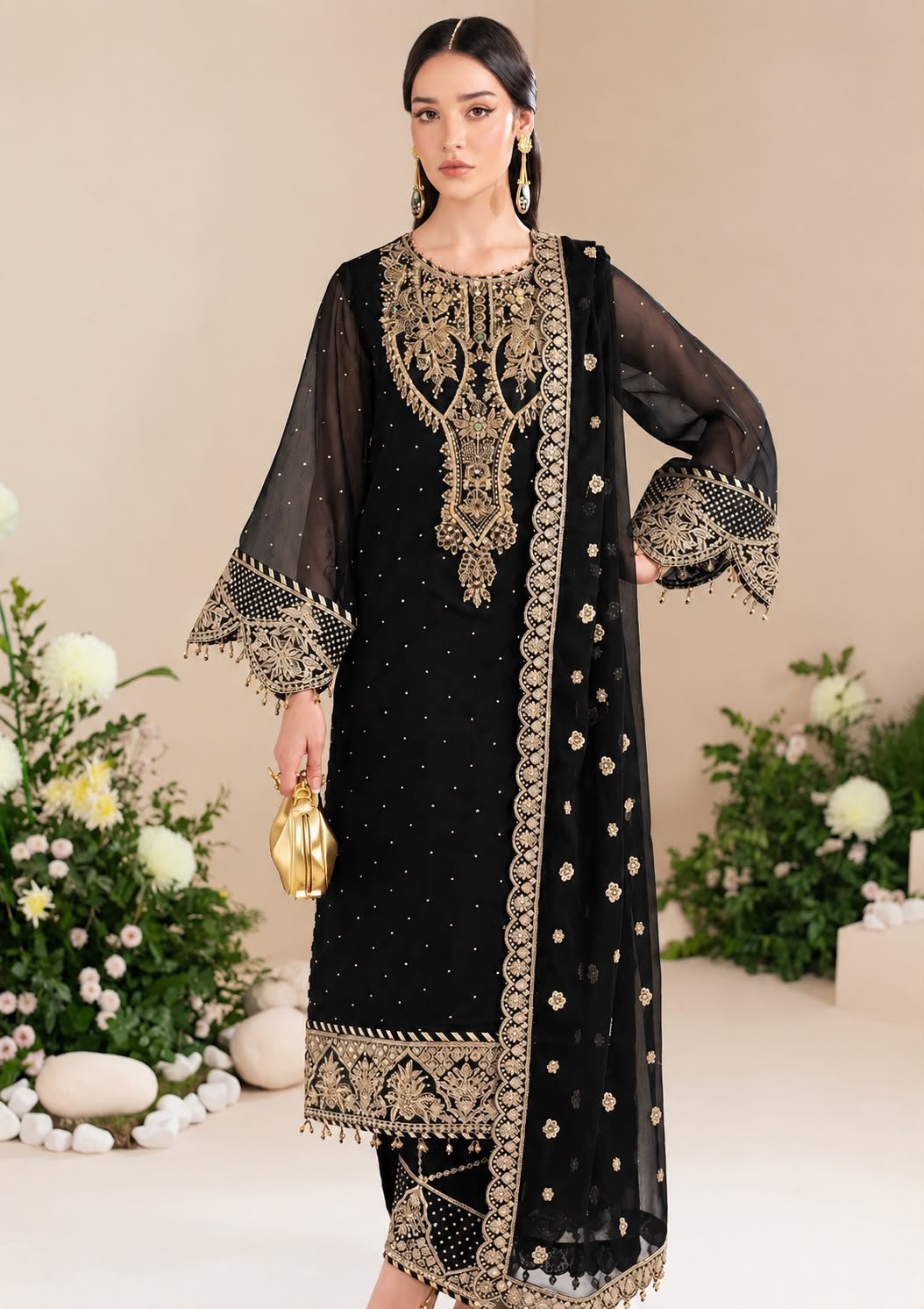 Alizeh Luxury Black Chiffon Embroidered 3-Piece Suit