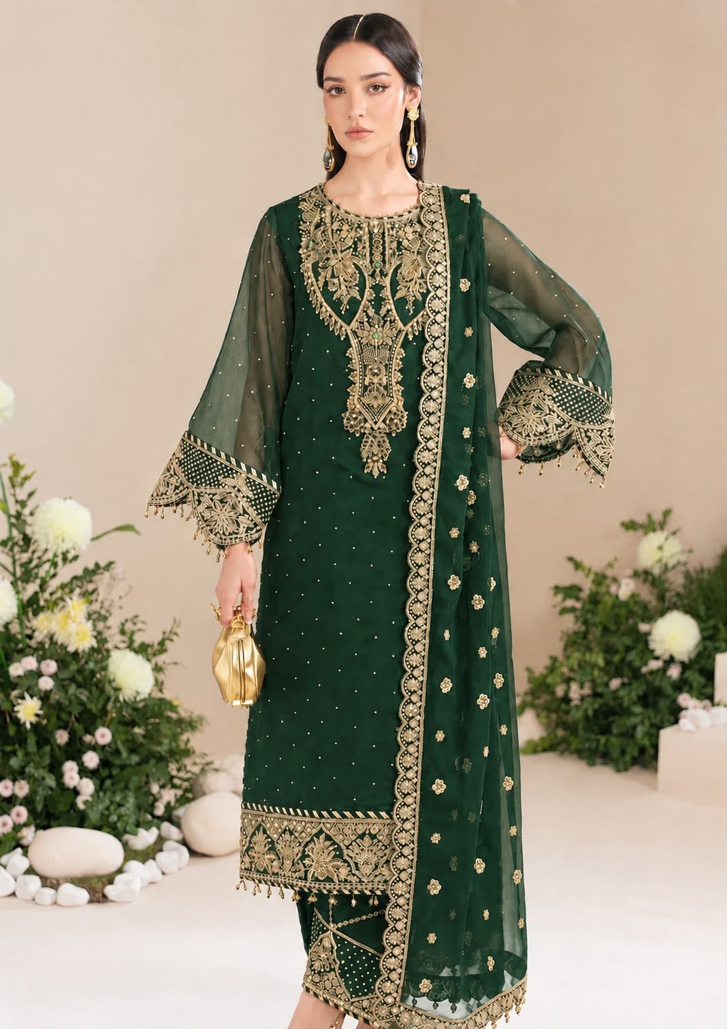 Alizeh Luxury Bottle Green Chiffon Embroidered 3-Piece Suit