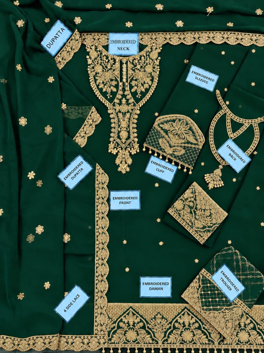 Alizeh Luxury Bottle Green Chiffon Embroidered 3-Piece Suit — alternate view