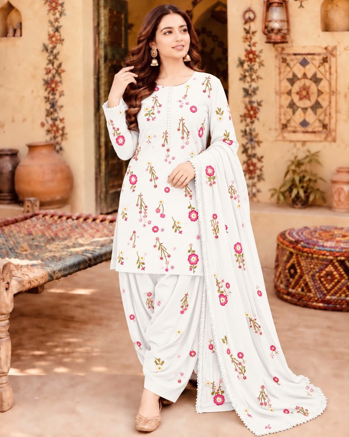 Elegant White Multi Floral Embroidered Dhanak Unstitched 3-Piece Suit