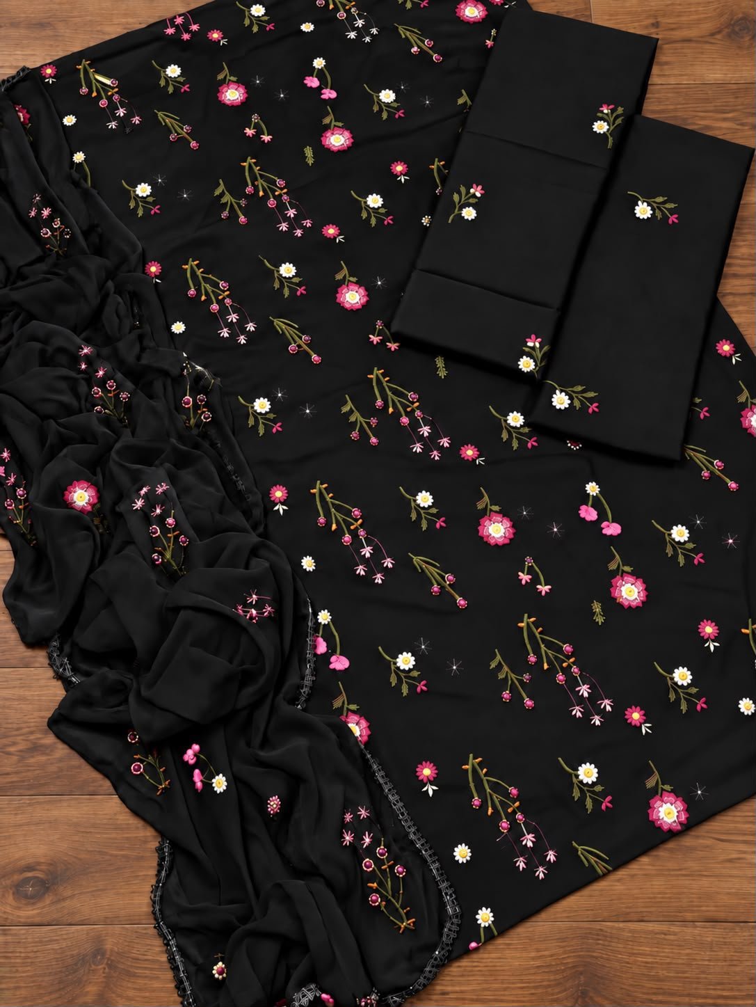 Elegant Black Multi Floral Embroidered Dhanak Unstitched 3-Piece Suit — alternate view