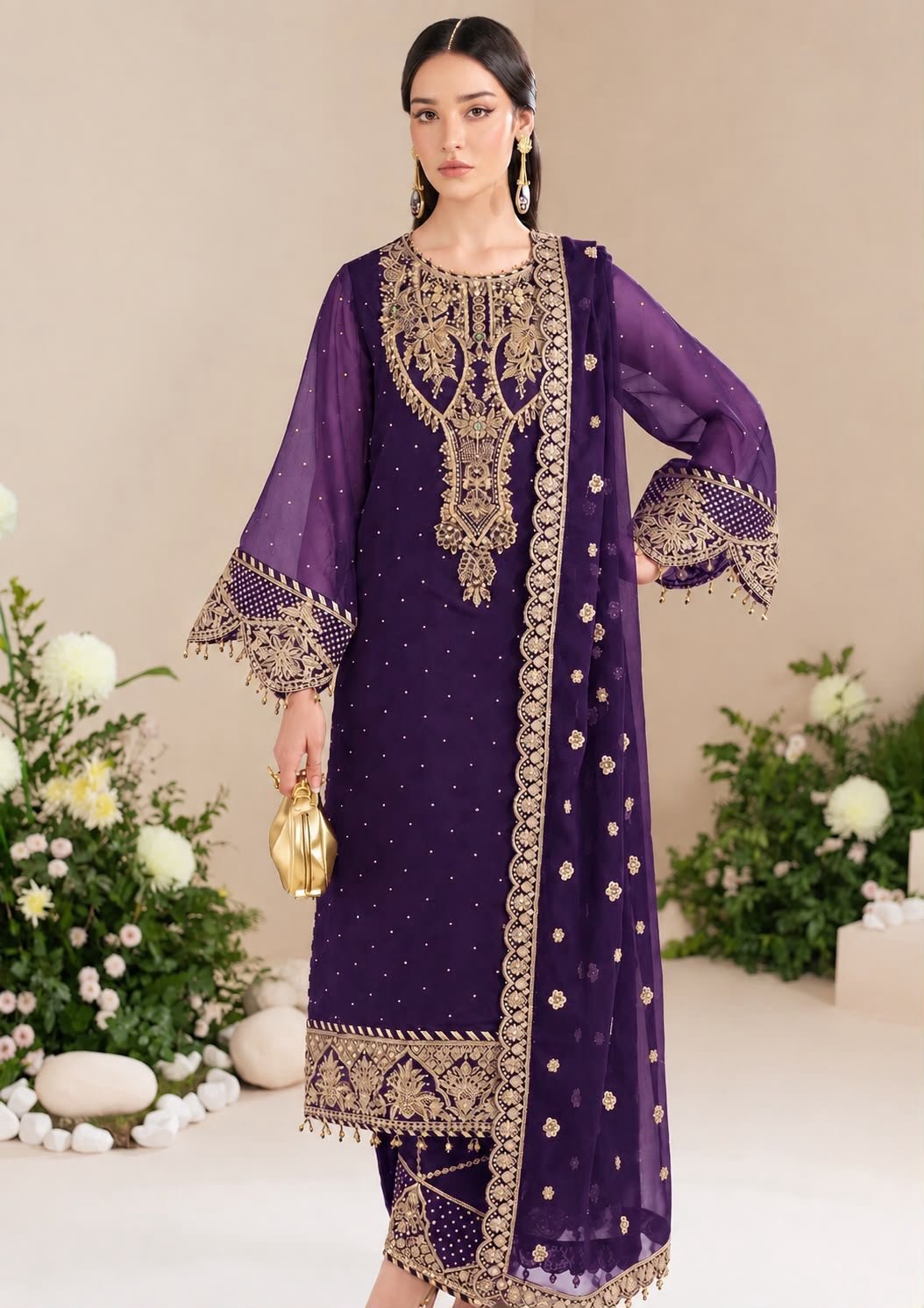 Alizeh Luxury Plum Purple Chiffon Embroidered 3-Piece Suit