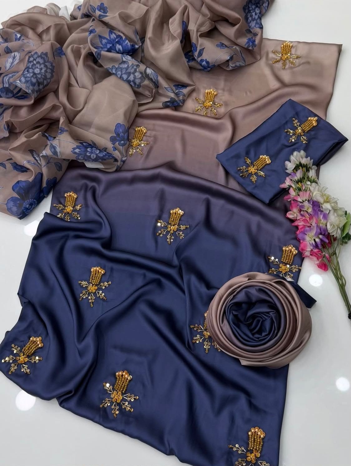 Premium Shamoze Silk Tie & Dye 3-Piece Suit (Taupe & Navy Blue) — alternate view