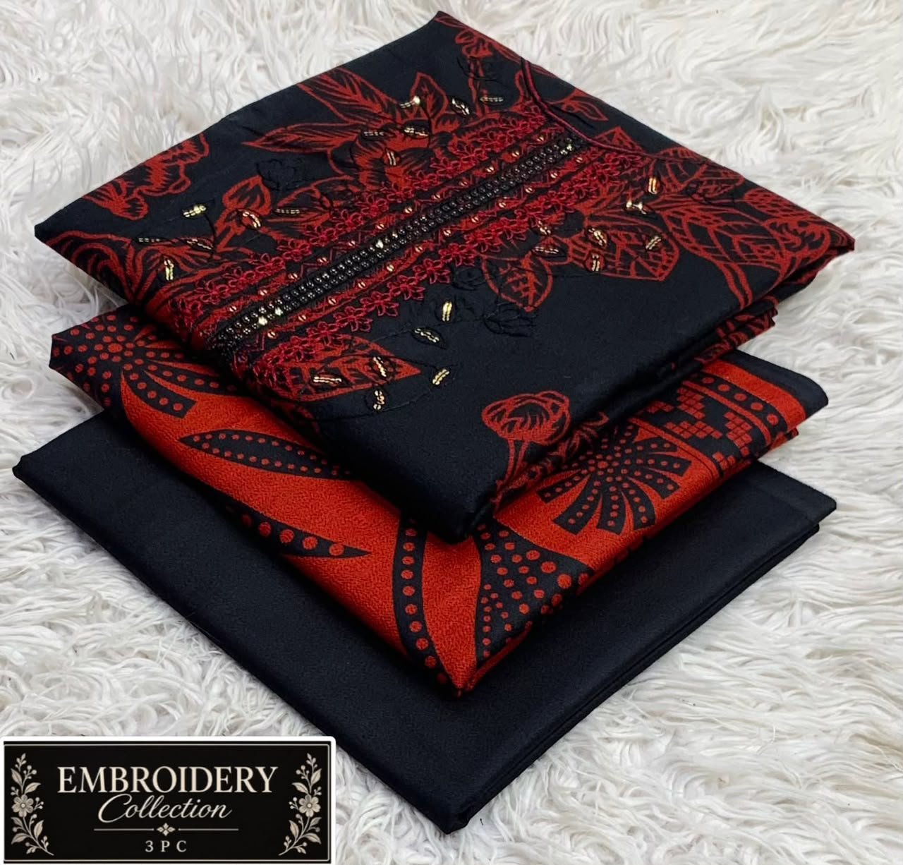 Maria.B Dhanak Neck Embroidery 3PC – Black & Red