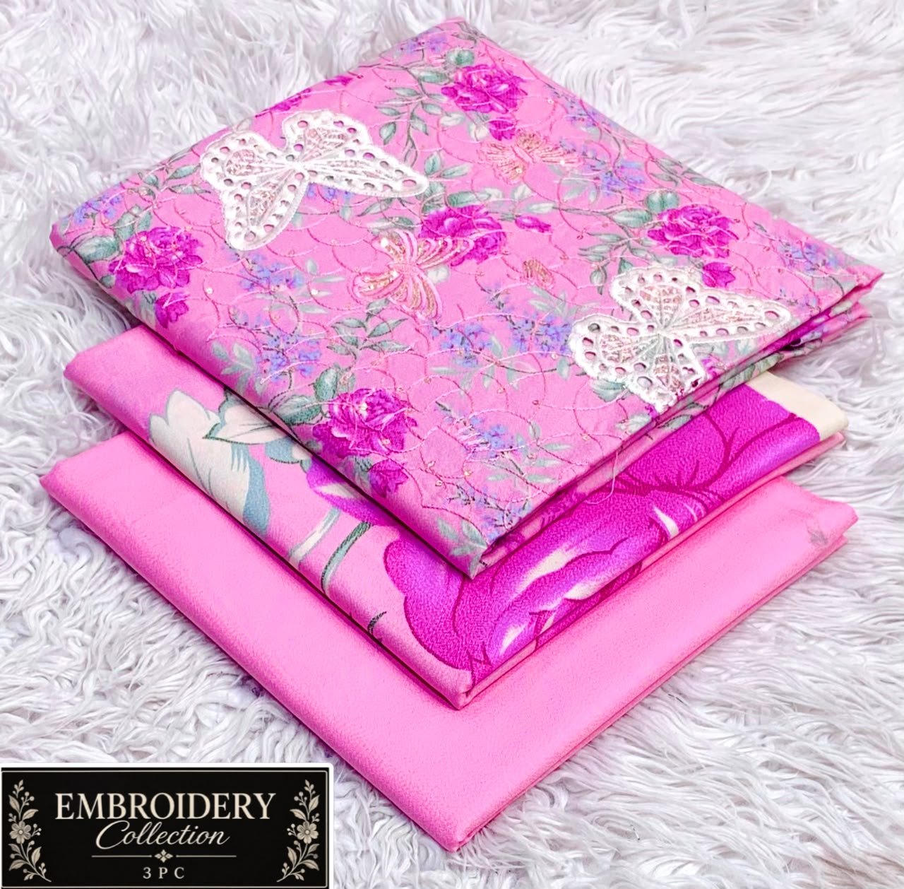 Maria.B Dhanak Neck Embroidery 3PC – Hot Pink