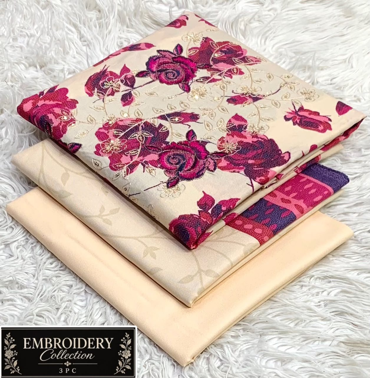 Maria.B Dhanak Neck Embroidery 3PC – Cream