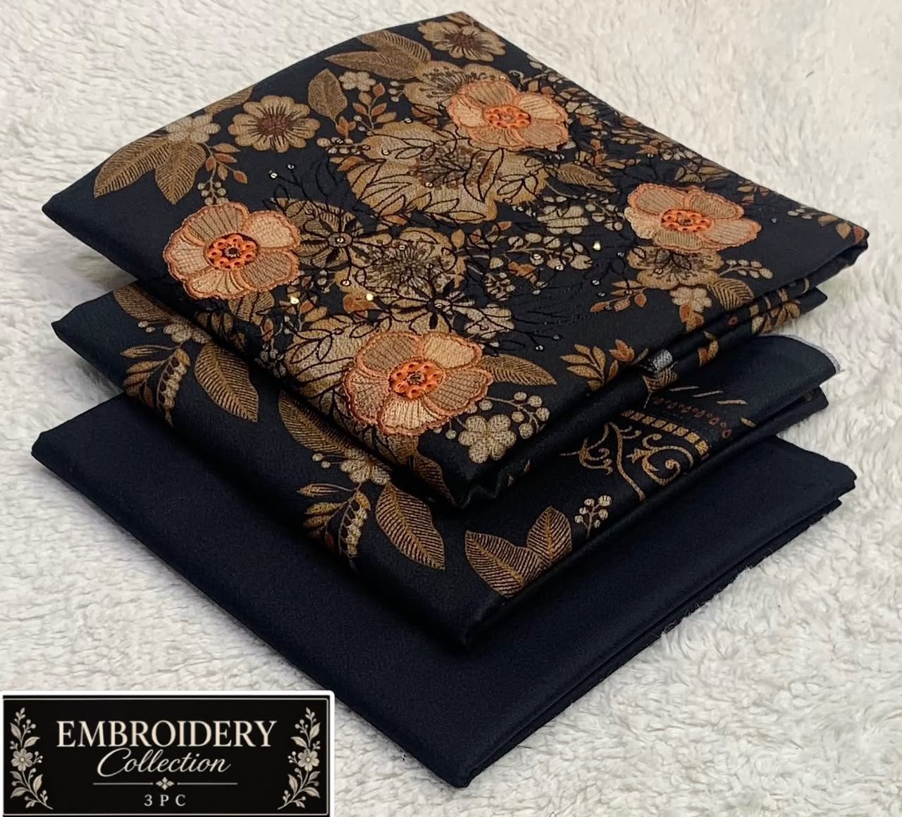 Maria.B Dhanak Neck Embroidery 3PC – Golden Black