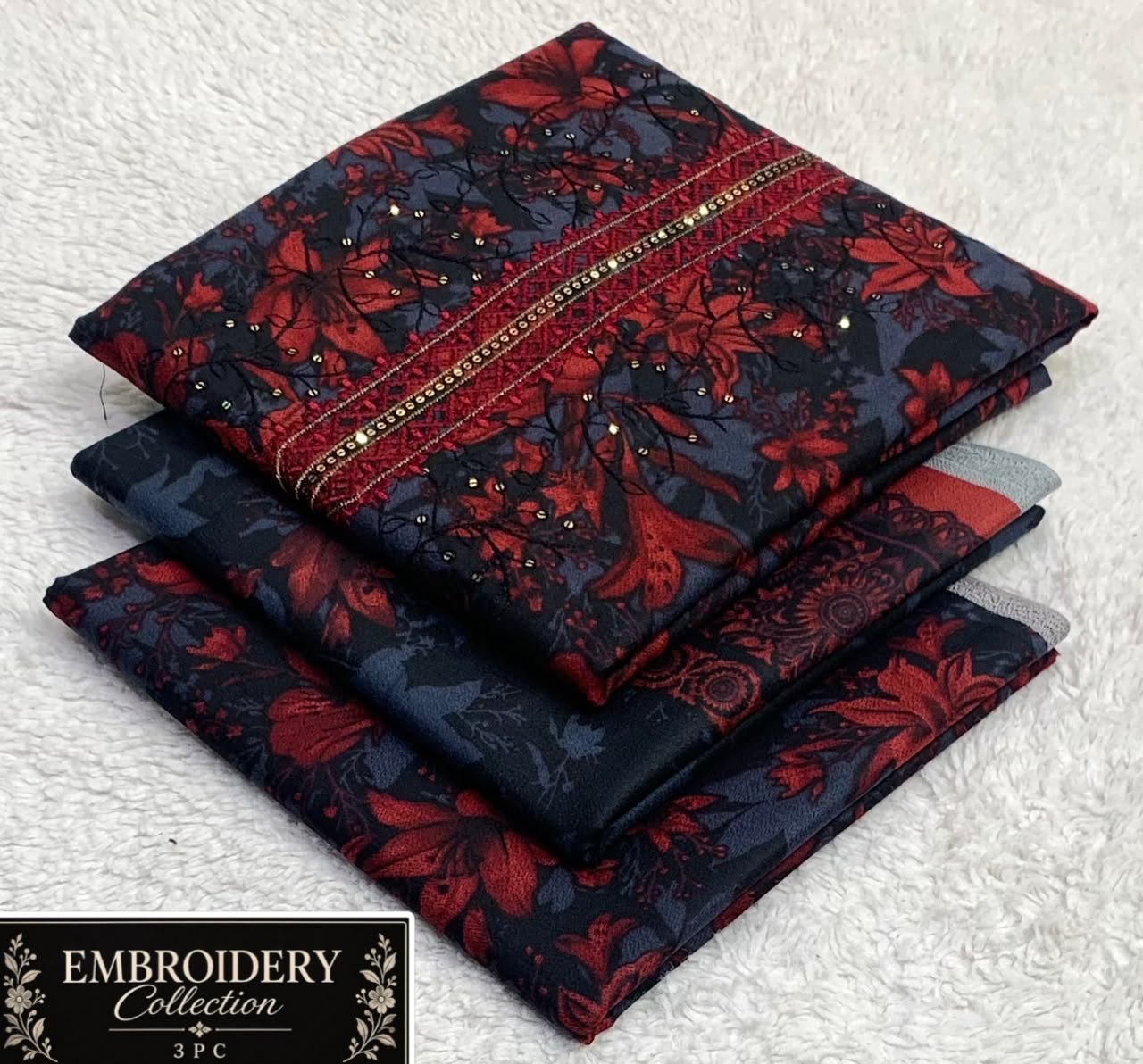 Maria.B Dhanak Neck Embroidery 3PC – Maroon Black