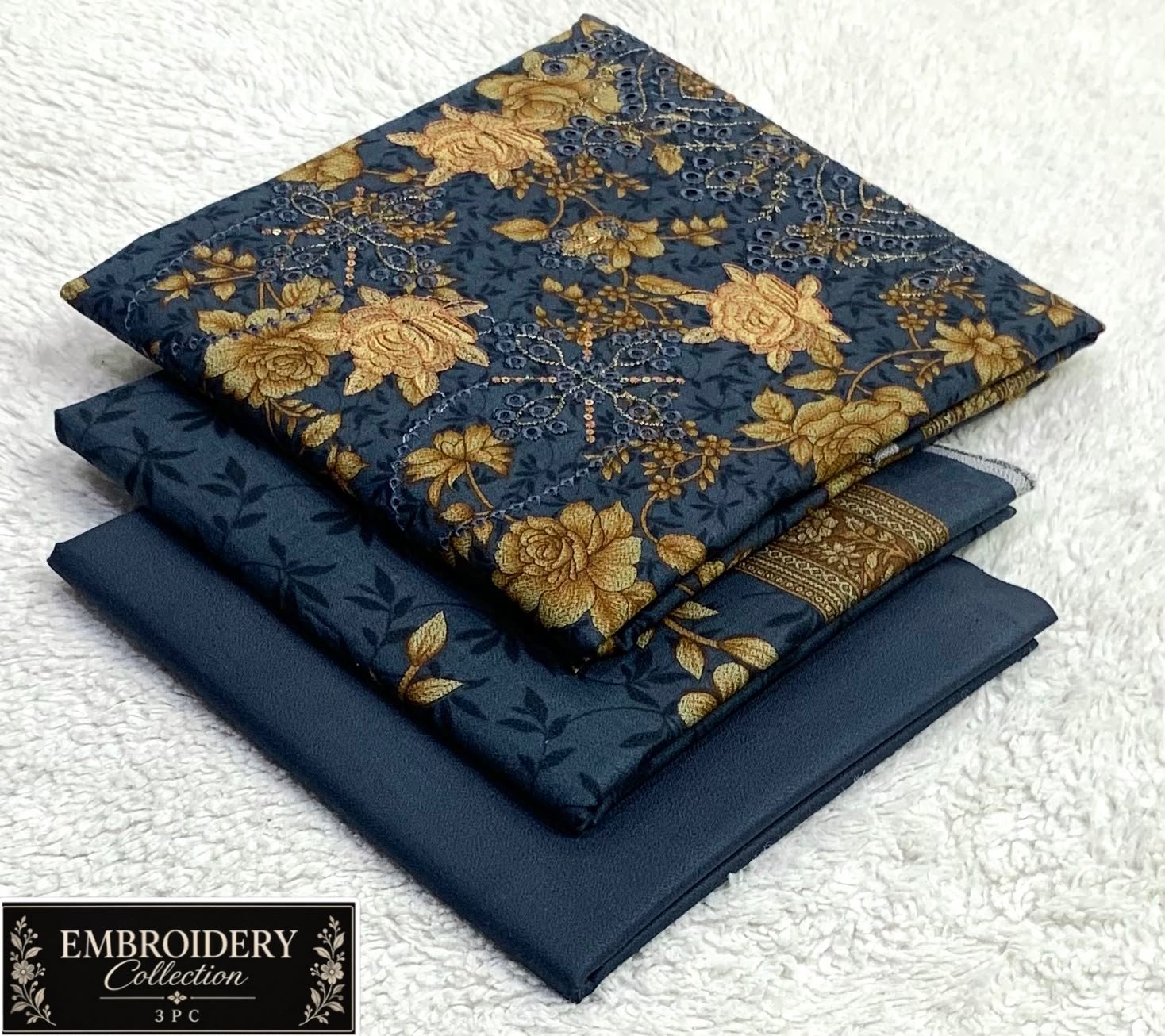 Maria.B Dhanak Neck Embroidery 3PC – Navy & Gold