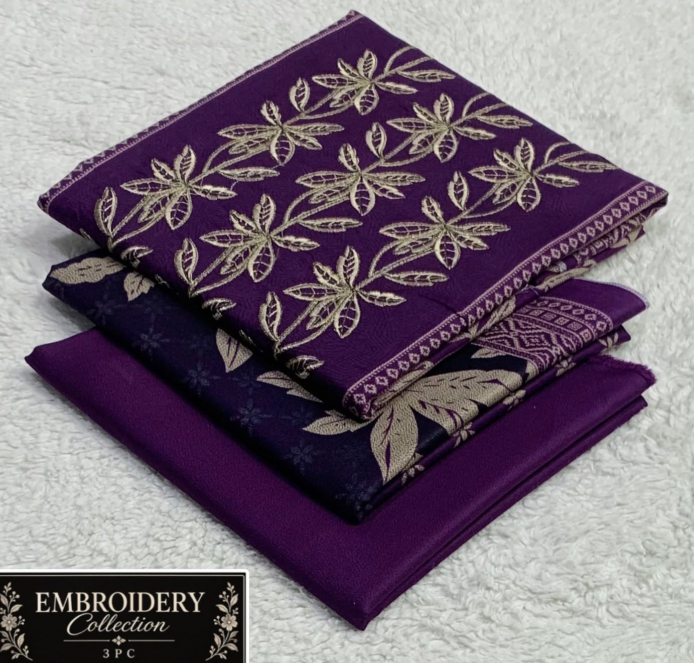 Maria.B Dhanak Neck Embroidery 3PC – Purple & Gold