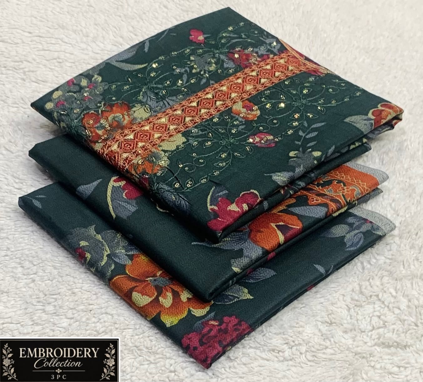 Maria.B Dhanak Neck Embroidery 3PC – Dark Green