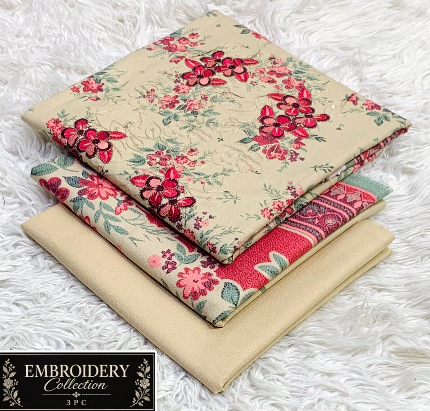Maria.B Dhanak Neck Embroidery 3PC – Cream & Red