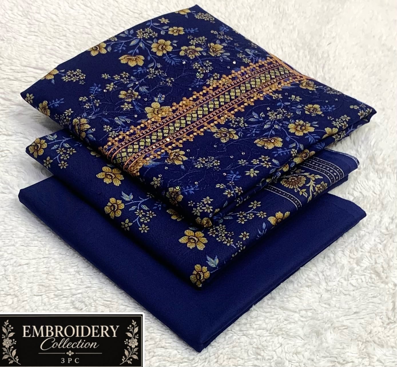 Maria.B Dhanak Neck Embroidery 3PC – Royal Blue