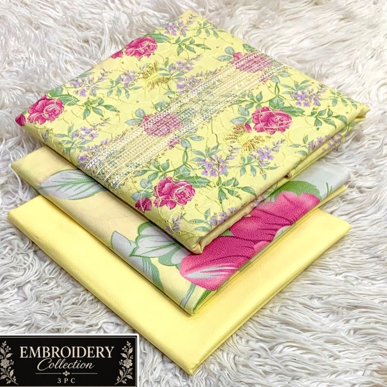 Maria.B Dhanak Neck Embroidery 3PC – Yellow