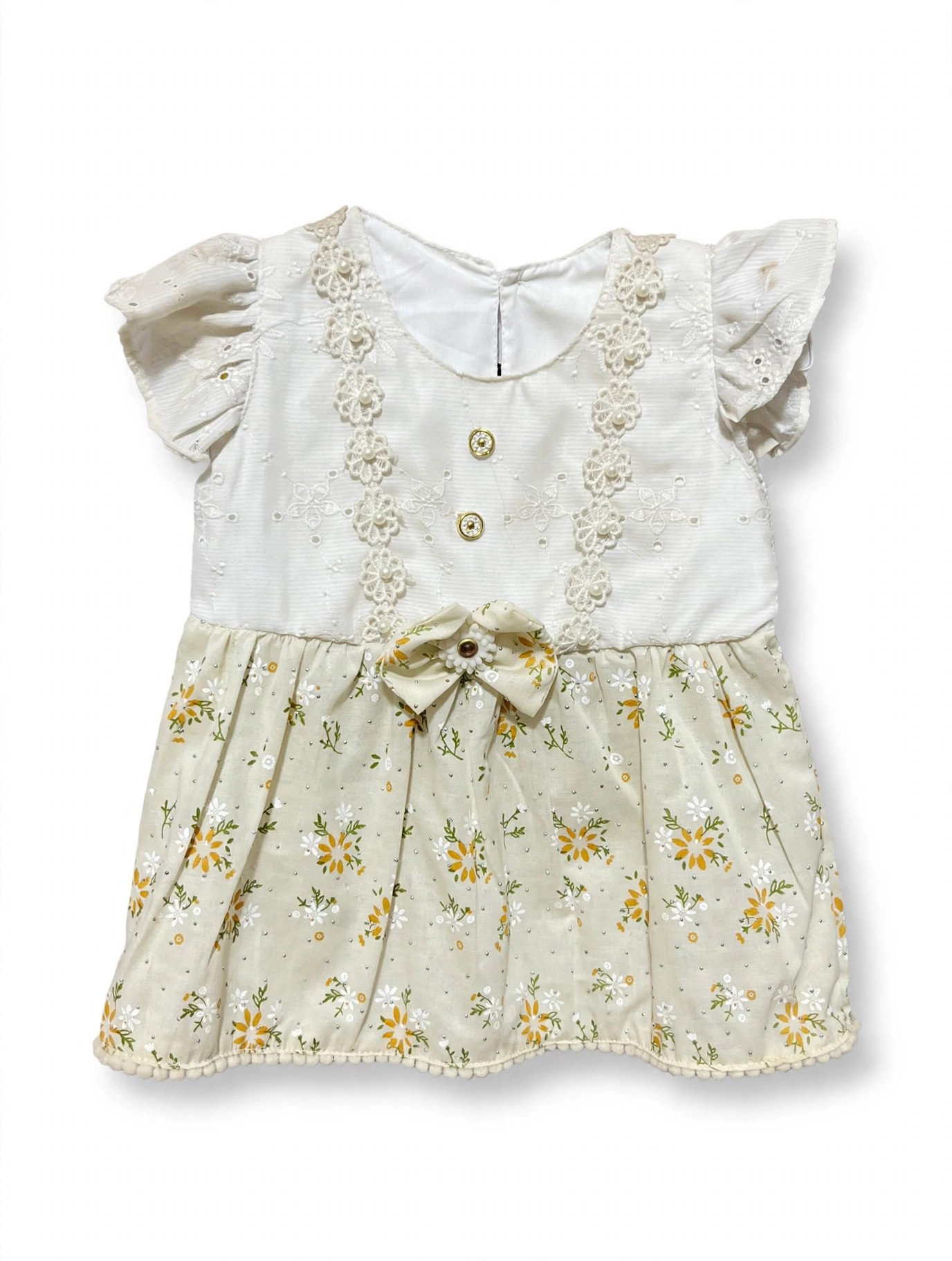 Baby Cream Floral Frock with Bow – MR.DENIM
