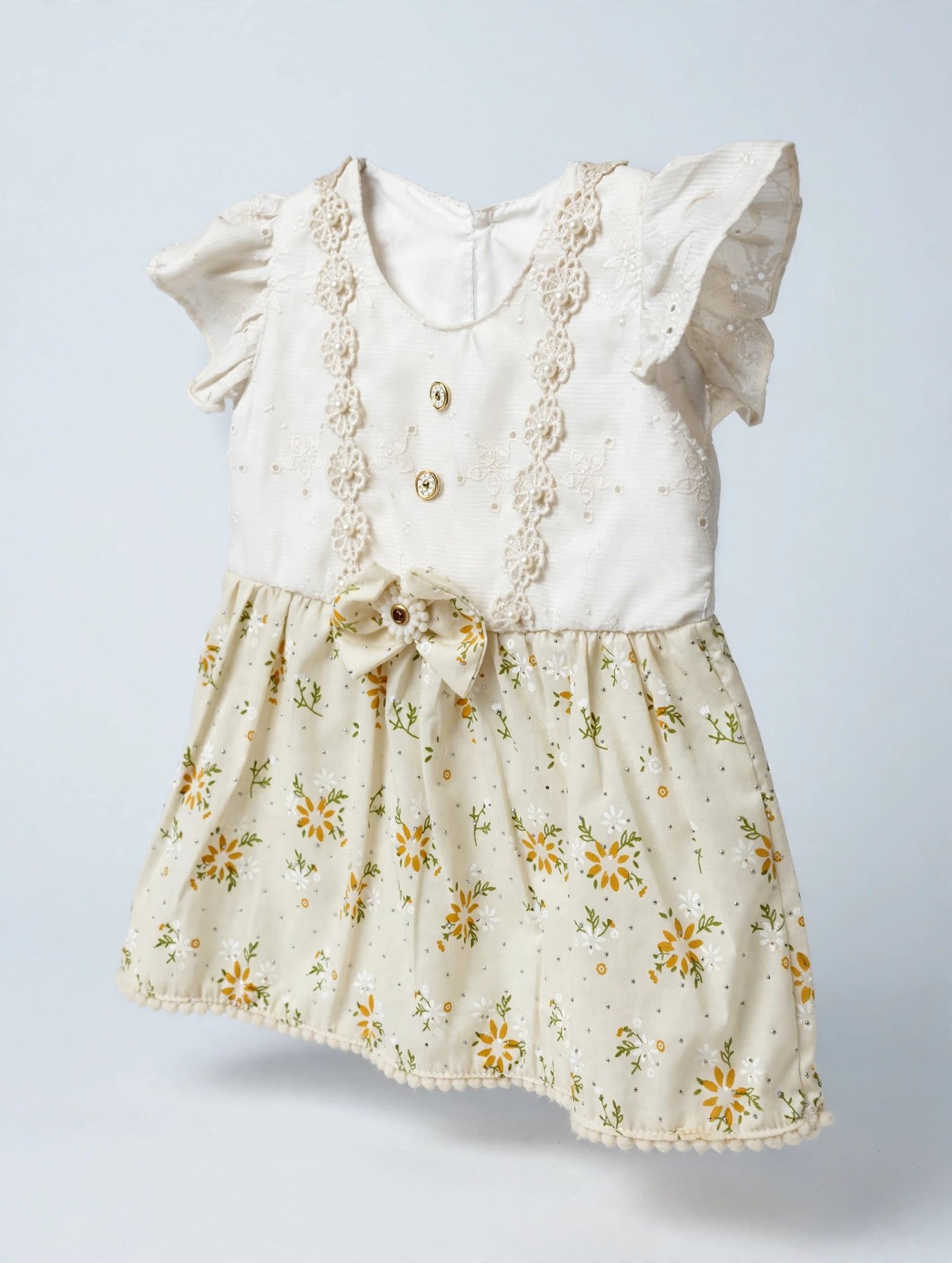 Baby Cream Floral Frock with Bow – MR.DENIM view 2