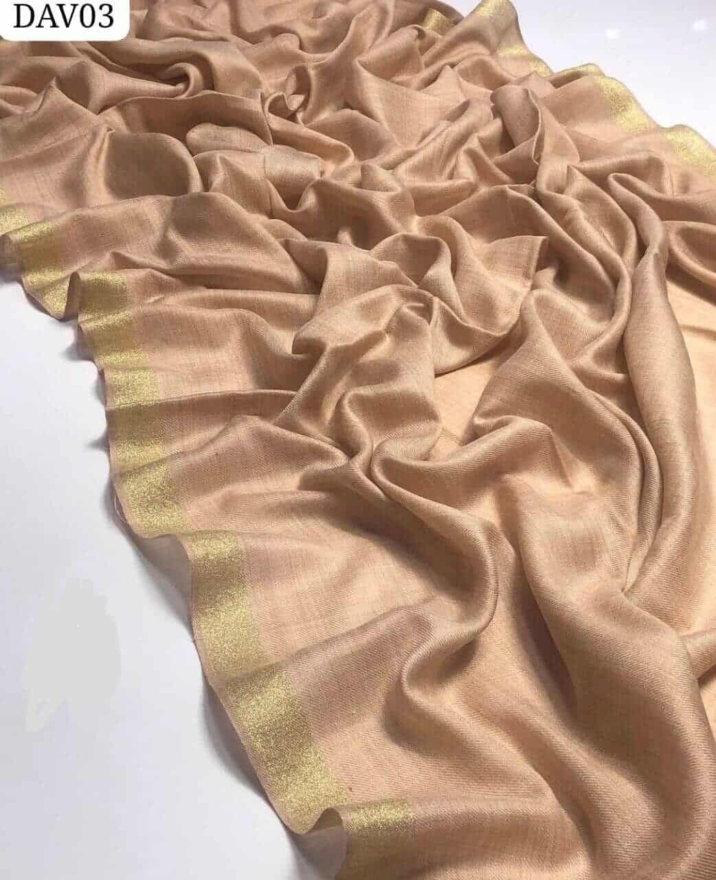 Luxury Beige Pashmina Wool Shawl with Gold Tilla Border