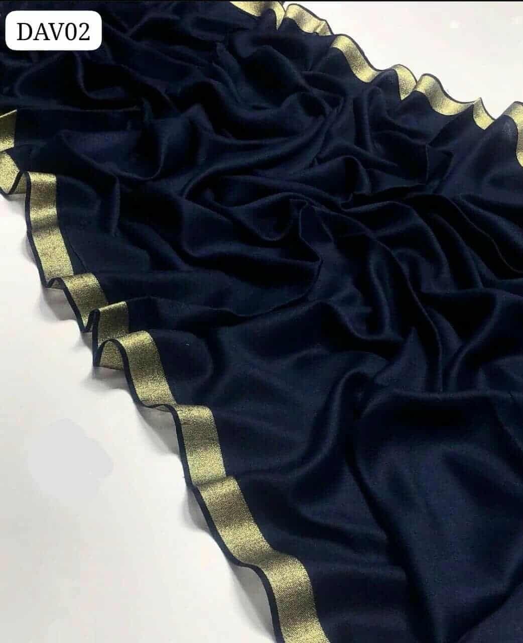 Luxury Navy Blue Pashmina Wool Shawl with Gold Tilla Border