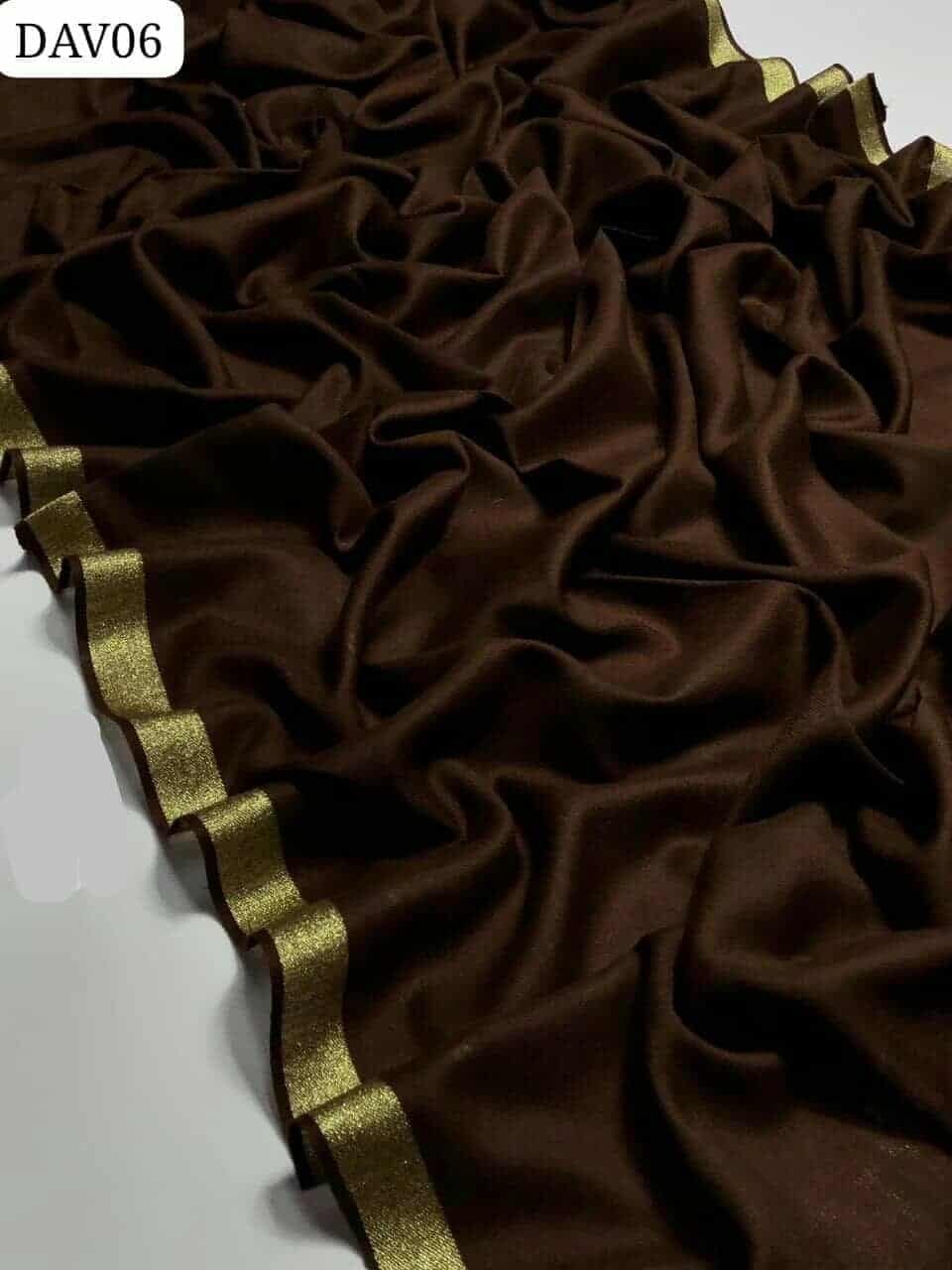 Luxury Dark Brown Pashmina Wool Shawl with Gold Tilla Border
