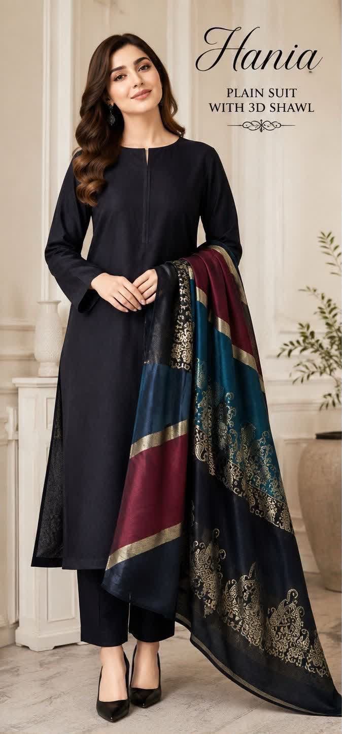Hania Black Plain Suit with 3D Barosha Shawl — Dhanak Wool 3PC