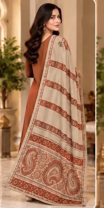 Rust Hania Aamir Premium Plain Suit with 3D Shawl — Dhanak Wool 3PC — alternate view