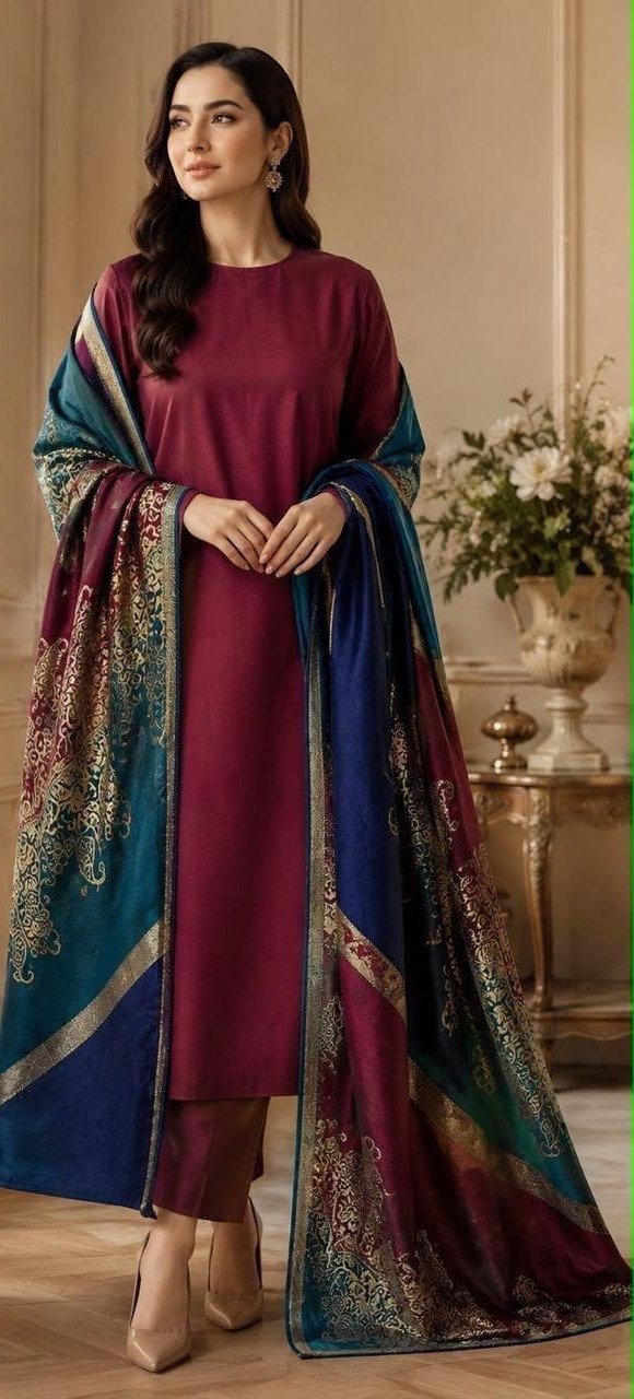 Maroon Plain Suit with 3D Barosha Shawl — Dhanak Wool 3PC